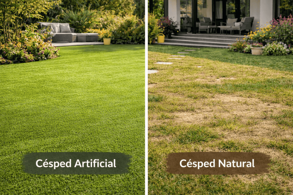 Comparativa entre césped artificial y césped natural deteriorado
