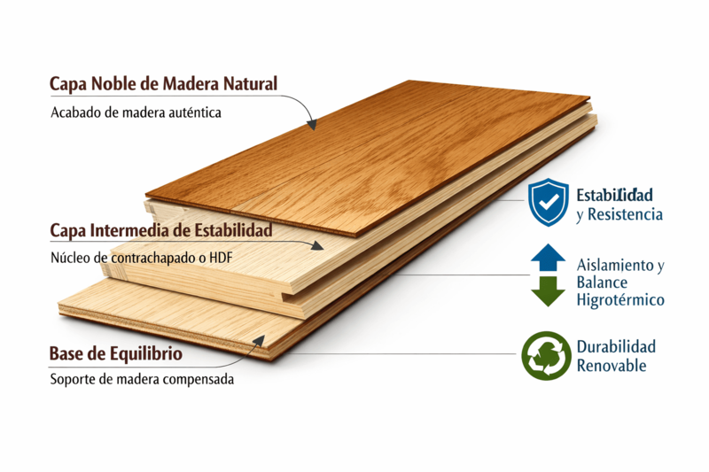 Composici&oacute;n por capas de una tarima flotante de madera natural