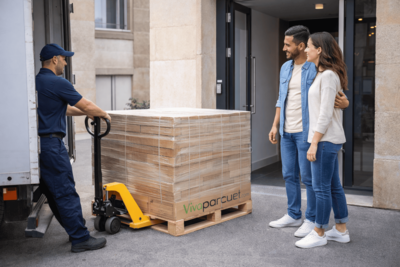 Entrega de tarima flotante Viva Parquet en palet en la puerta del edificio del cliente