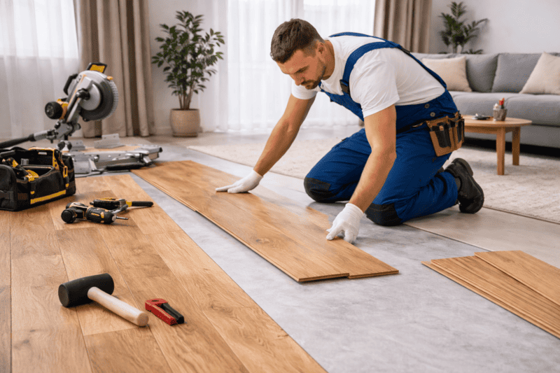 Instalaci&oacute;n profesional de tarima flotante de madera natural durante el proceso de montaje