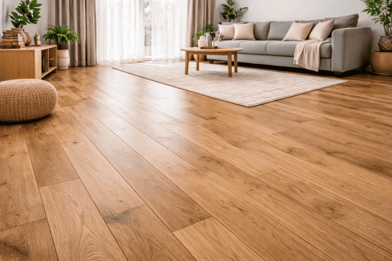 Tarima flotante de madera natural instalada y terminada en un sal&oacute;n moderno
