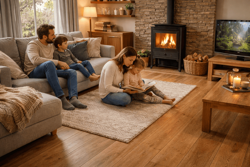 Tarima flotante de alta calidad en un salón familiar confortable