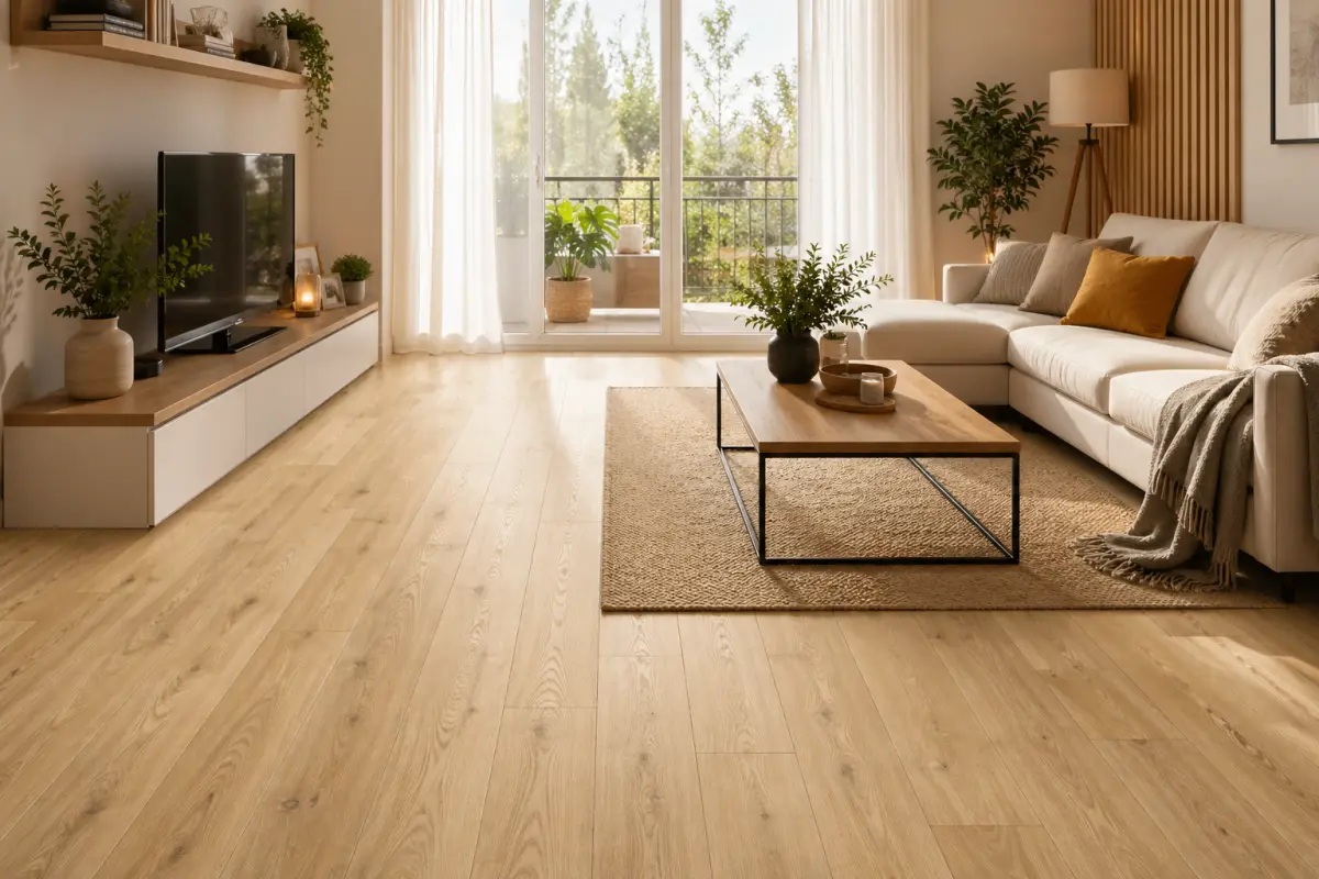 suelo laminado roble claro instalado en salón moderno con luz natural y decoración cálida suelo laminado roble claro instalado en salón moderno con luz natural y decoración cálida