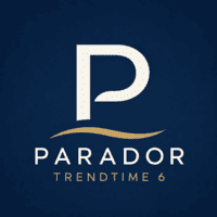 Logotipo de la marca Parador en su colección Trendtime 6, se muestra una P grande en color blanco y el texto debajo sobre fondo negro